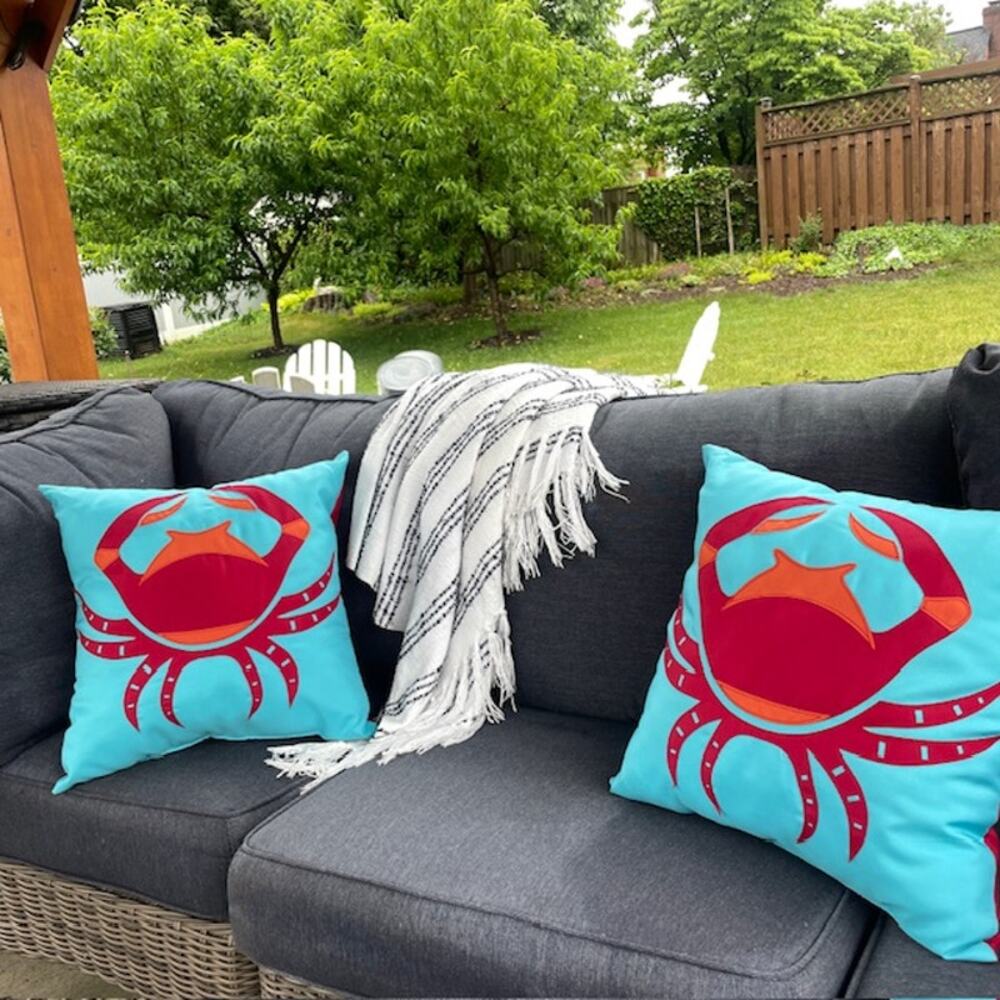 Coastal Crab Indoor Outdoor Throw Pillow Aqua Red Patio Beach House Cushion 16"